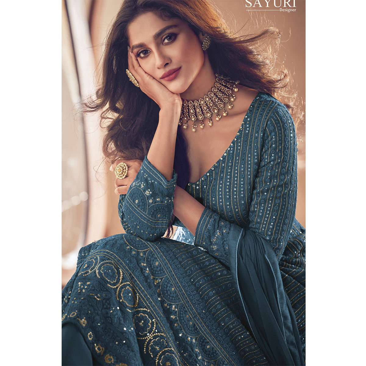 Shafnufab Teal Color Georgette Fabric Fancy Wear Designer Anarkali Suit
