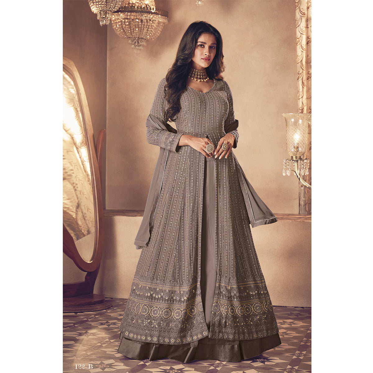 Shafnufab Grey Color Georgette Fabric Fancy Wear Designer Anarkali Suit