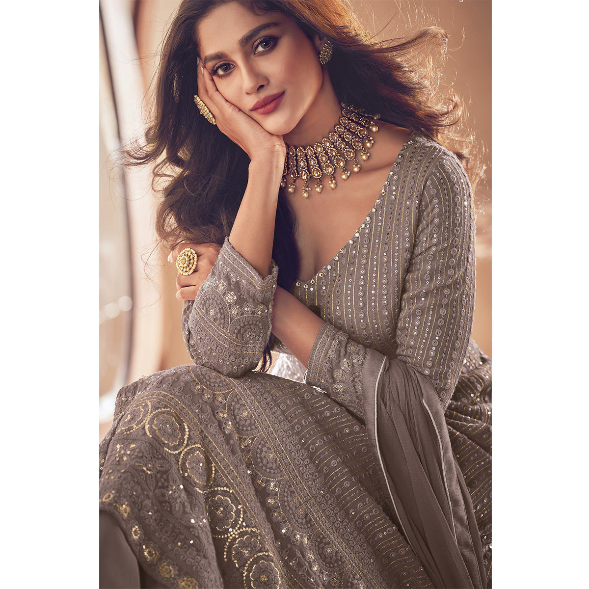 Shafnufab Grey Color Georgette Fabric Fancy Wear Designer Anarkali Suit