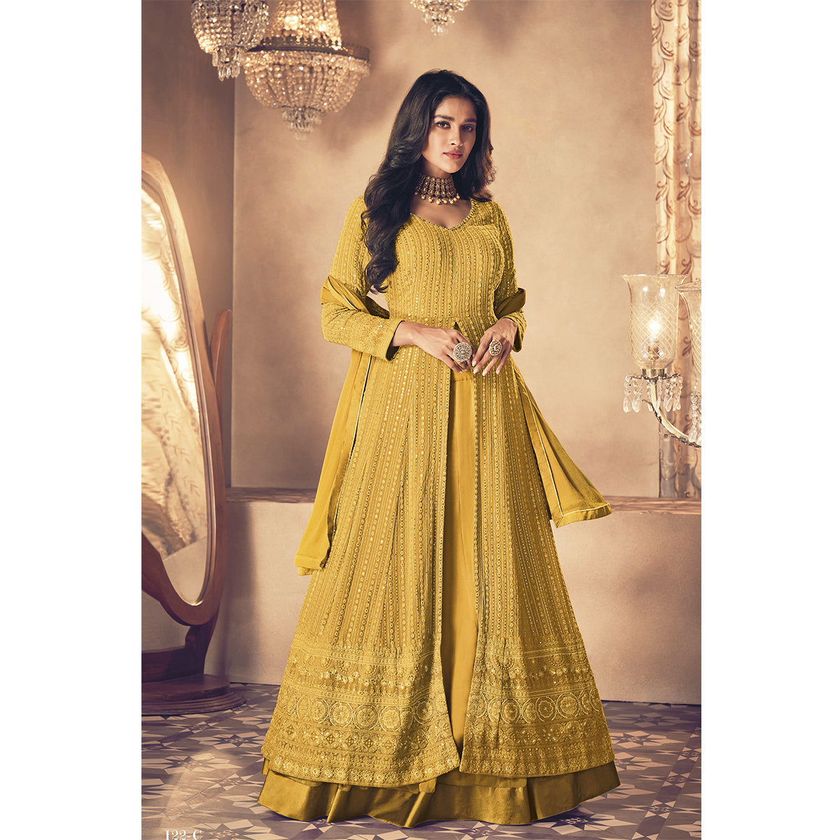 Shafnufab Yellow Color Georgette Fabric Fancy Wear Designer Anarkali Suit