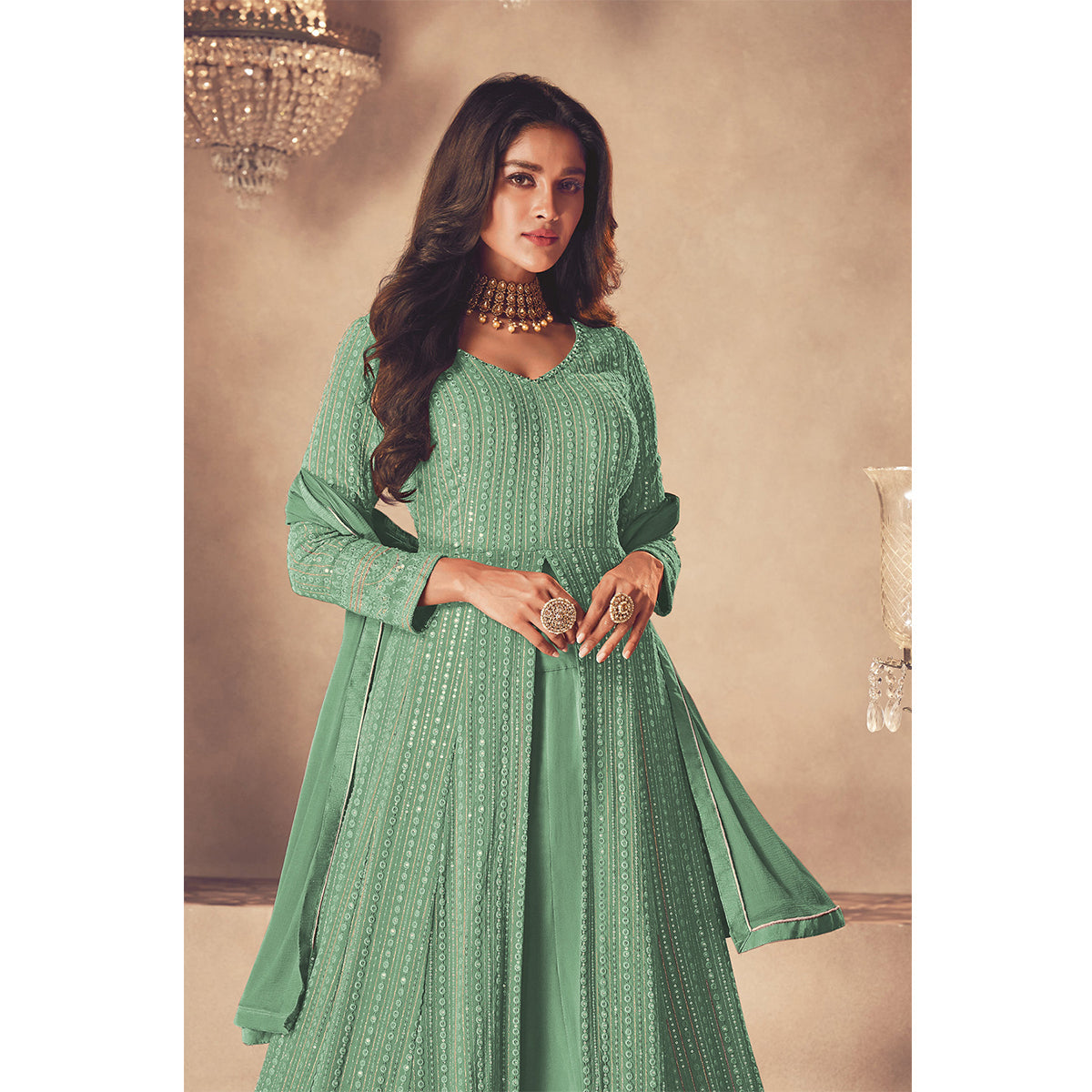 Shafnufab Green Color Georgette Fabric Fancy Wear Designer Anarkali Suit
