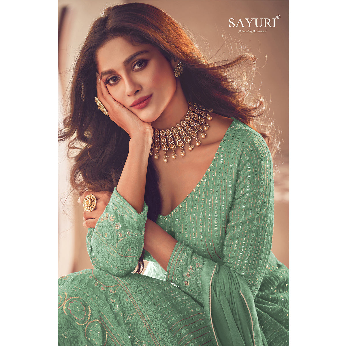 Shafnufab Green Color Georgette Fabric Fancy Wear Designer Anarkali Suit