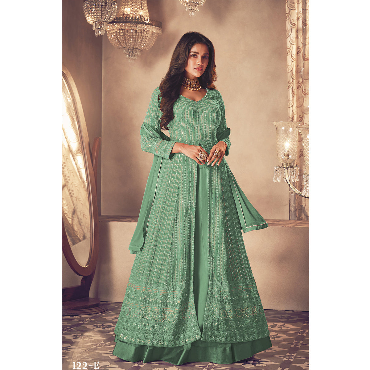 Shafnufab Green Color Georgette Fabric Fancy Wear Designer Anarkali Suit