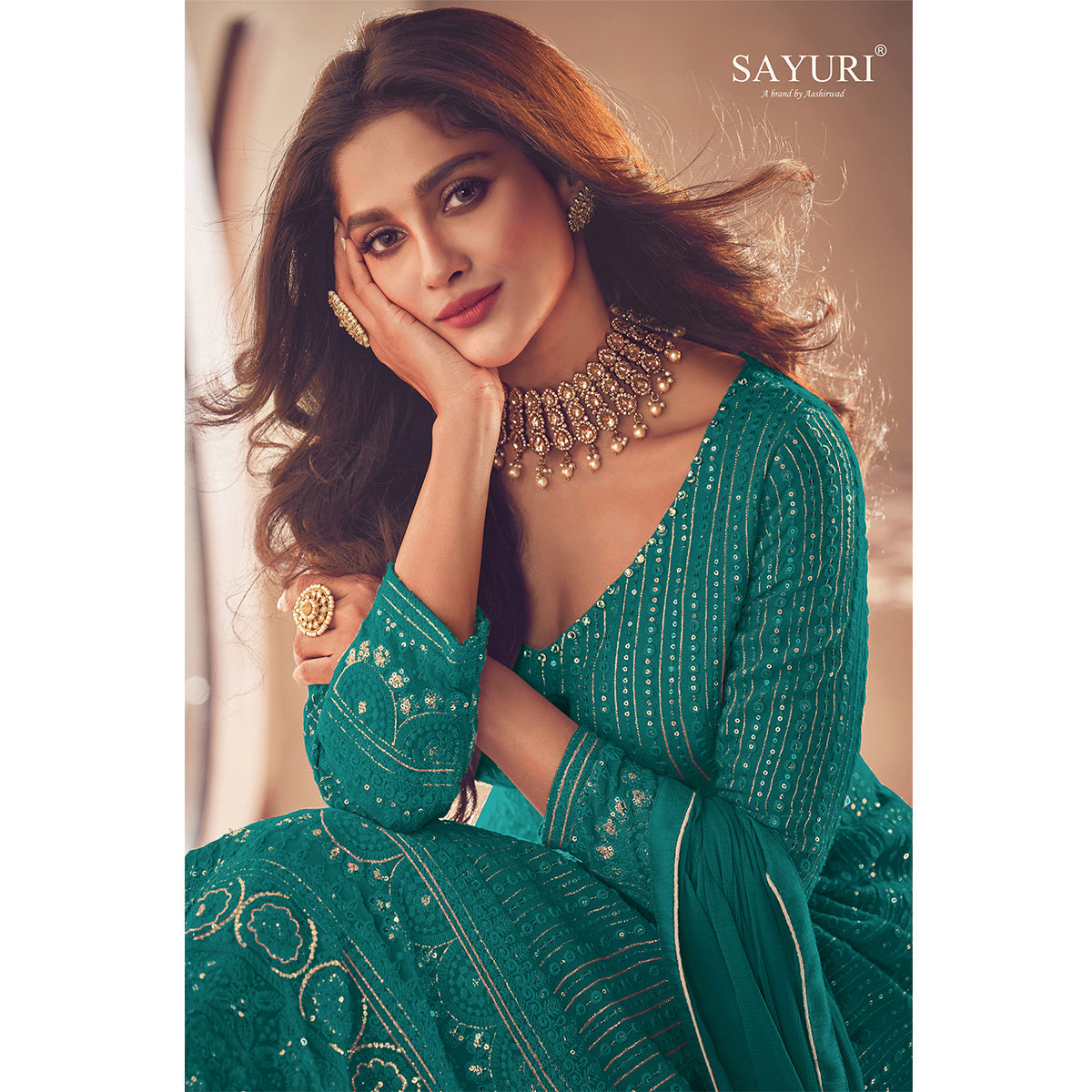 Shafnufab Georgette Fabric Cyan Color Sangeet Wear Sharara Top Lehenga