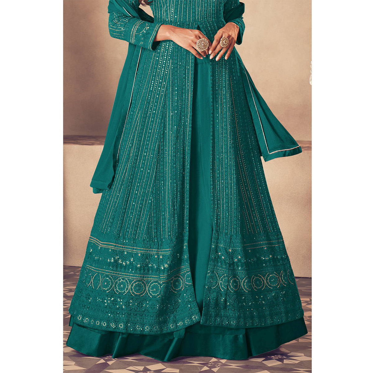 Shafnufab Georgette Fabric Cyan Color Sangeet Wear Sharara Top Lehenga