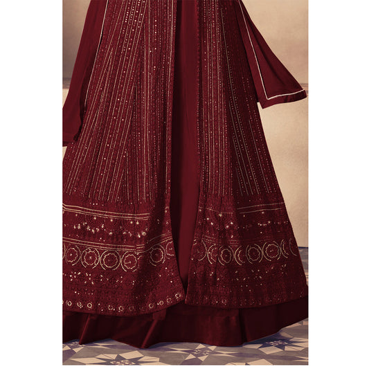 Shafnufab Georgette Fabric Maroon Color Sangeet Wear Sharara Top Lehenga