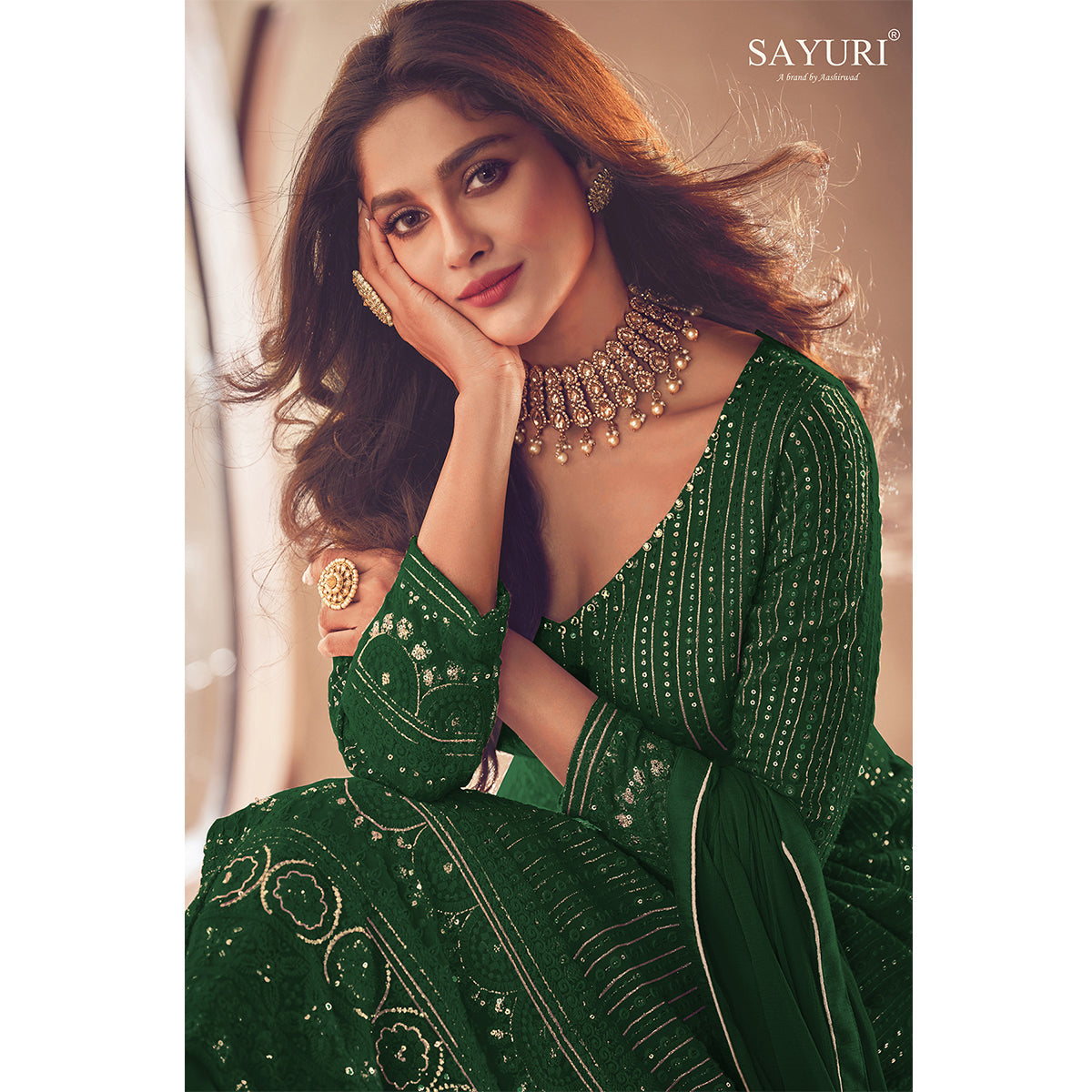 Shafnufab Georgette Fabric Green Color Sangeet Wear Sharara Top Lehenga