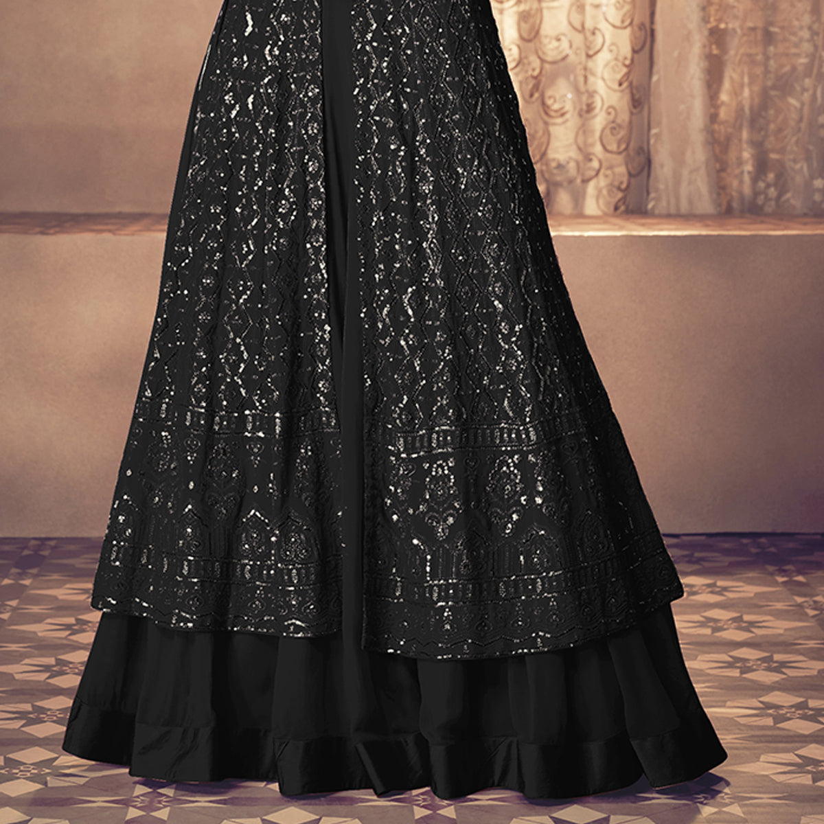 Shafnufab Georgette Fabric Black Color Sangeet Wear Sharara Top Lehenga