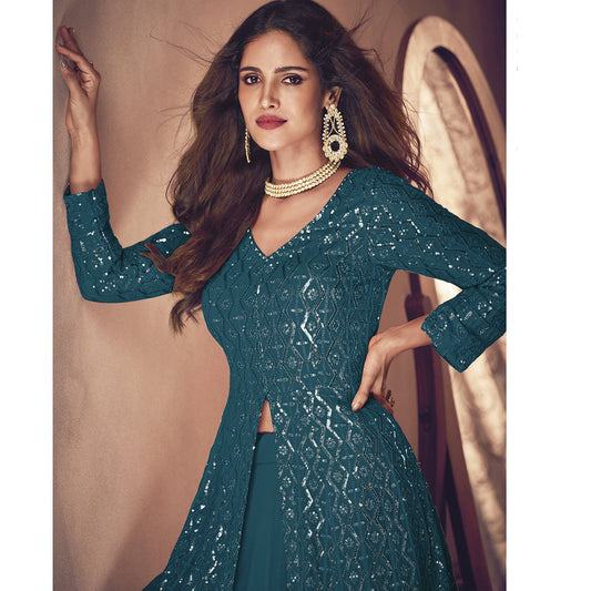 Shafnufab Georgette Fabric Turquoise Color Sangeet Wear Sharara Top Lehenga