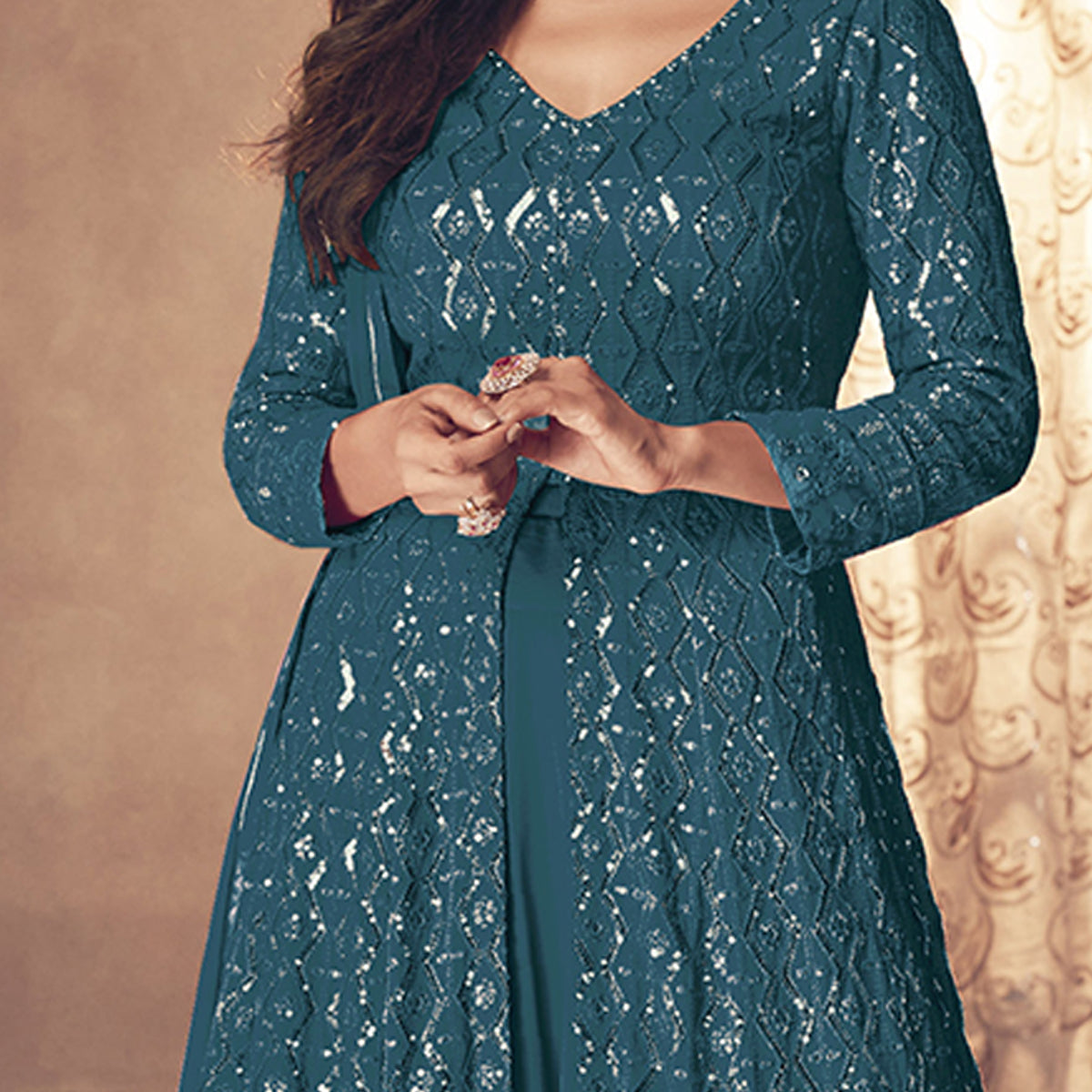 Shafnufab Georgette Fabric Turquoise Color Sangeet Wear Sharara Top Lehenga
