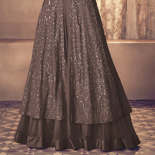 Shafnufab Georgette Fabric Brown Color Sangeet Wear Sharara Top Lehenga