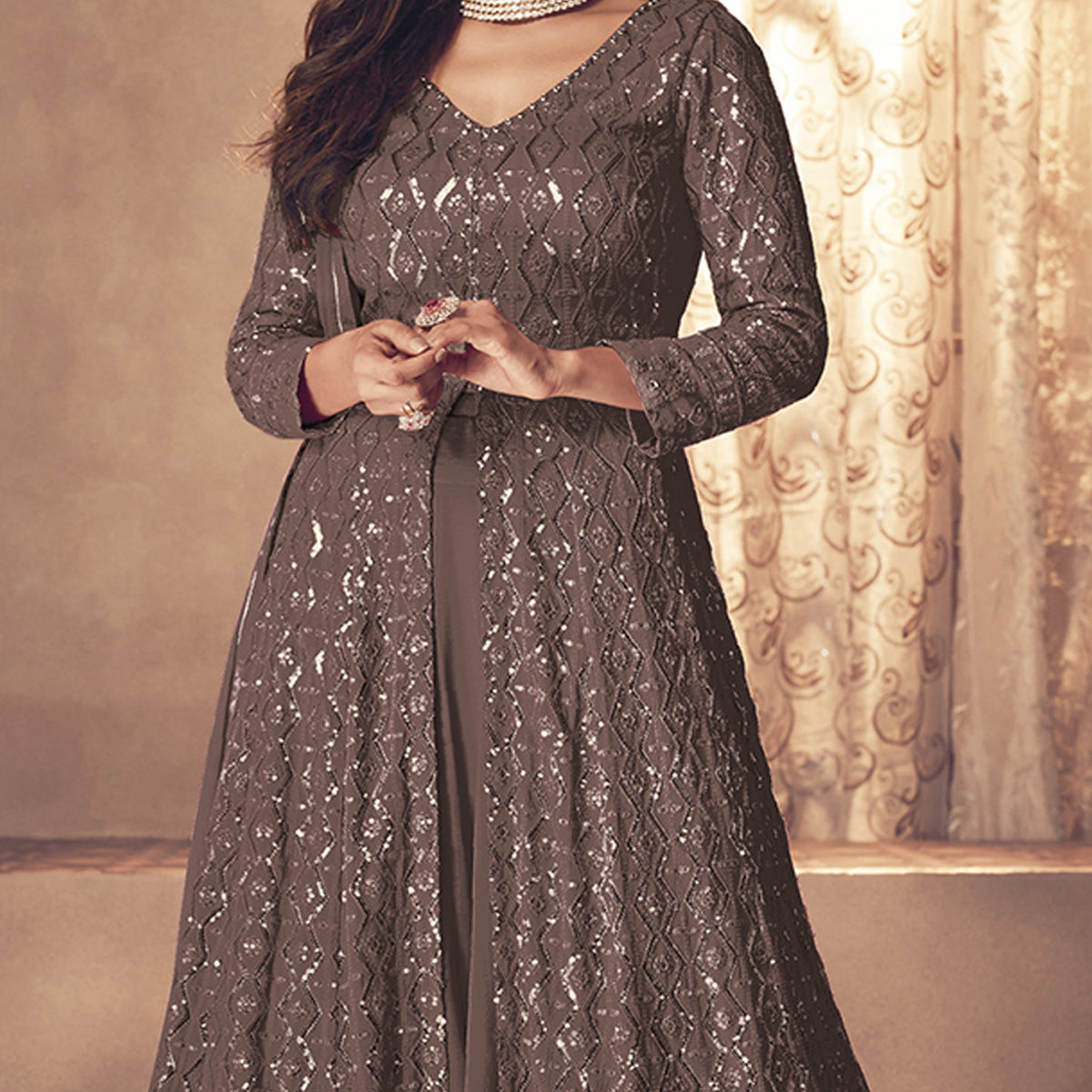 Shafnufab Georgette Fabric Brown Color Sangeet Wear Sharara Top Lehenga