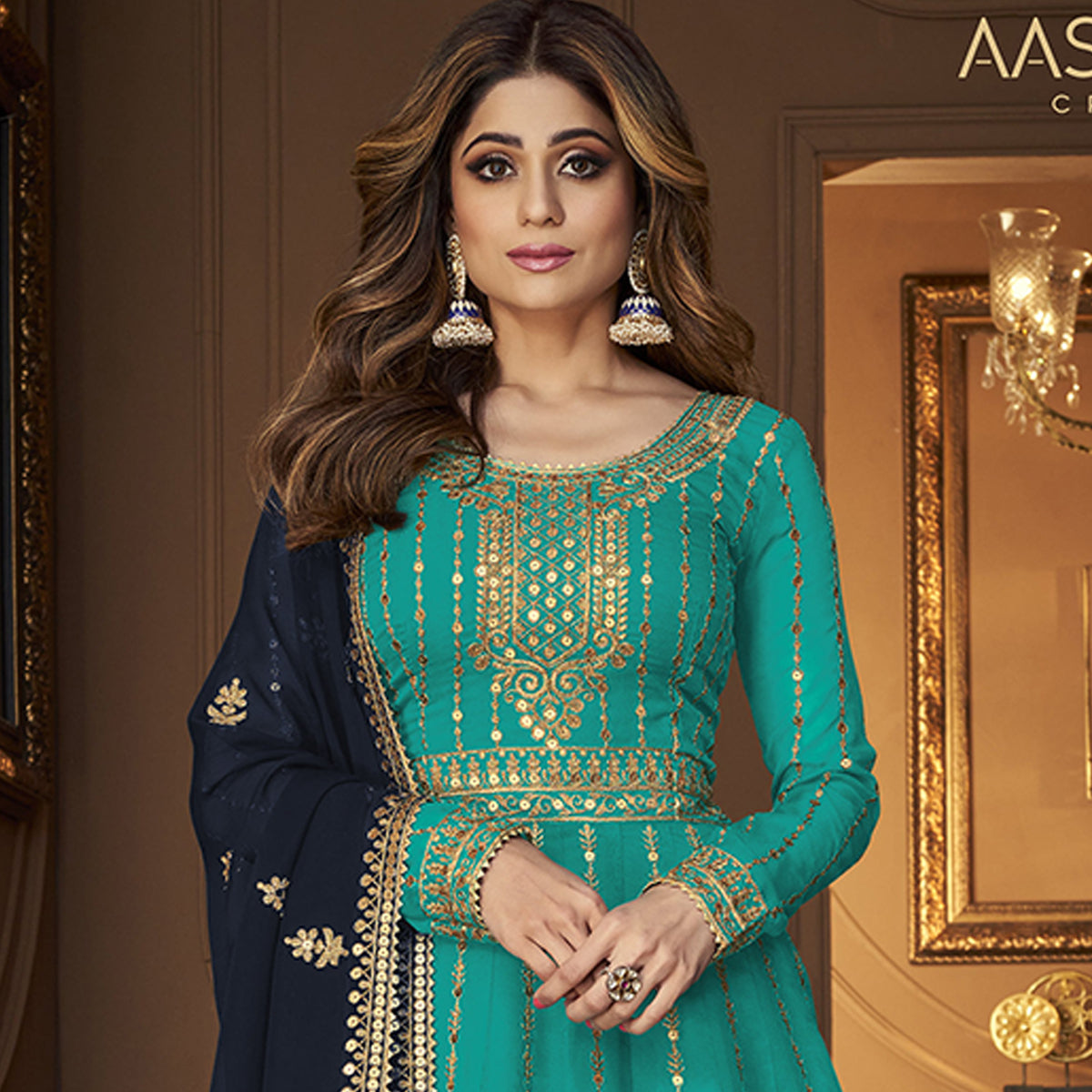 Shafnufab Turquoise Indian Pakistani rich look georgette salwar kameez suit