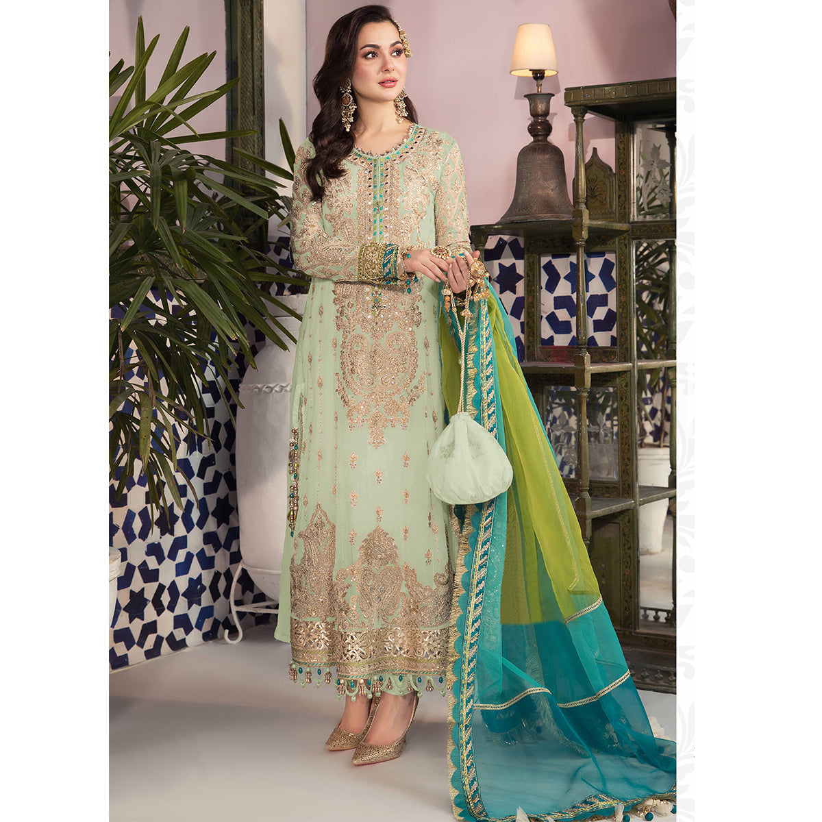Shafnufab Green Pakistani Salwar Kameez Ready to wear Designer Straight Suits