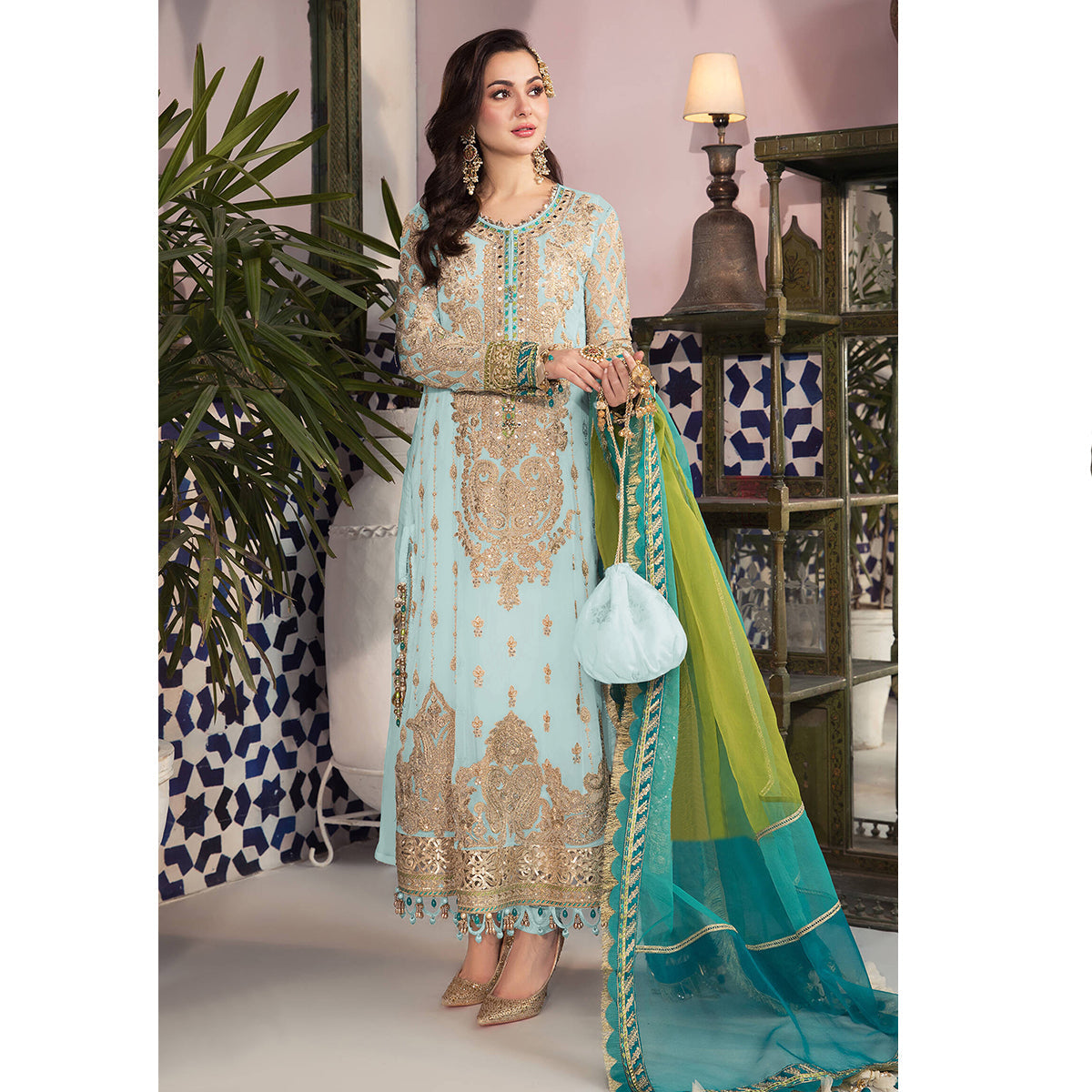 Shafnufab Skyblue Pakistani Salwar Kameez Ready to wear Designer Straight Suits