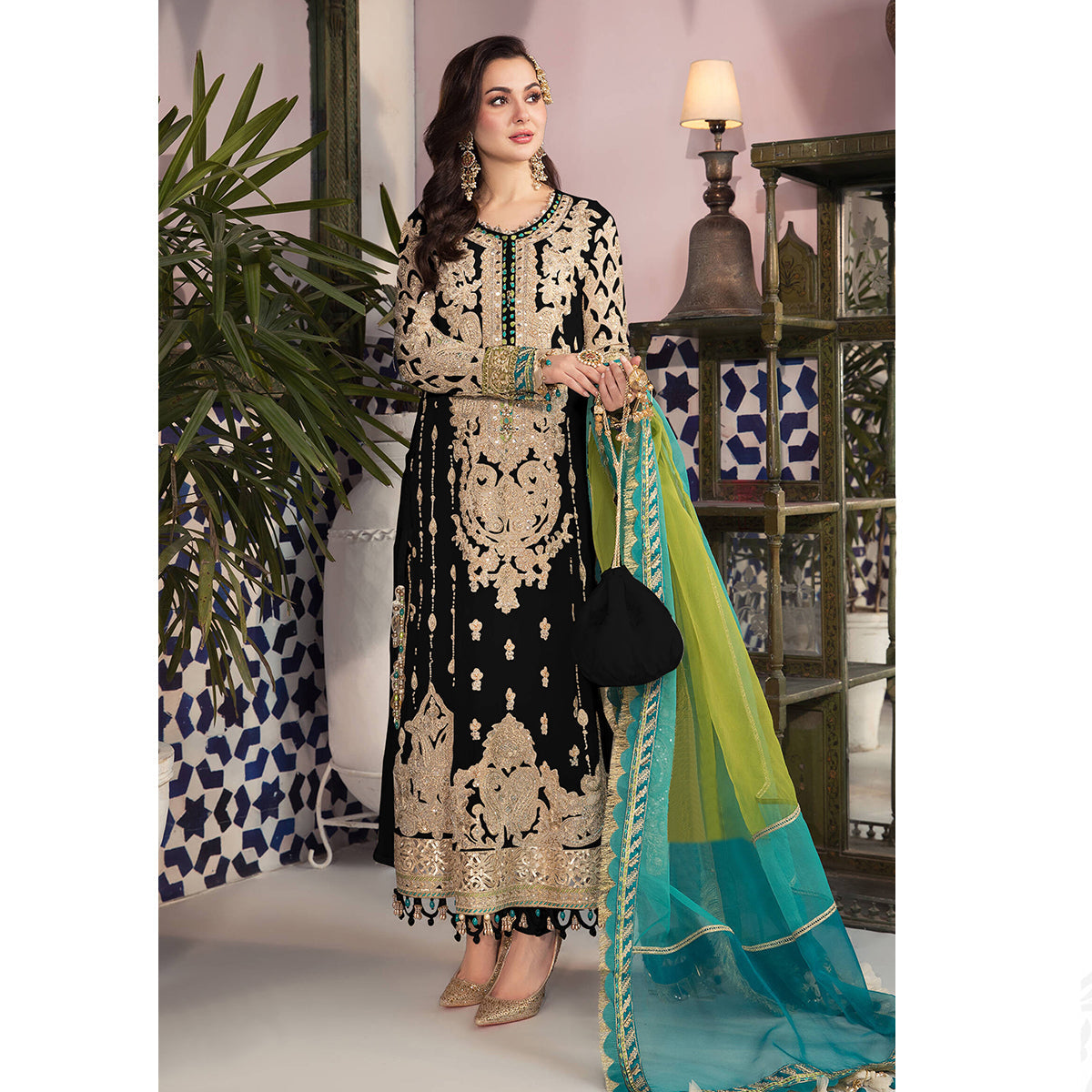 Shafnufab Black Pakistani Salwar Kameez Ready to wear Designer Straight Suits