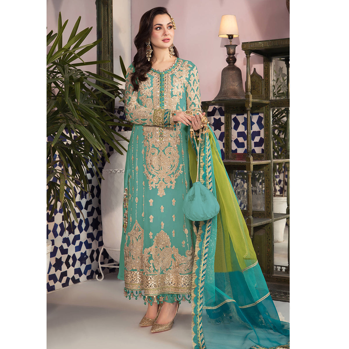 Shafnufab Turquoise Pakistani Salwar Kameez Ready to wear Designer Straight Suits