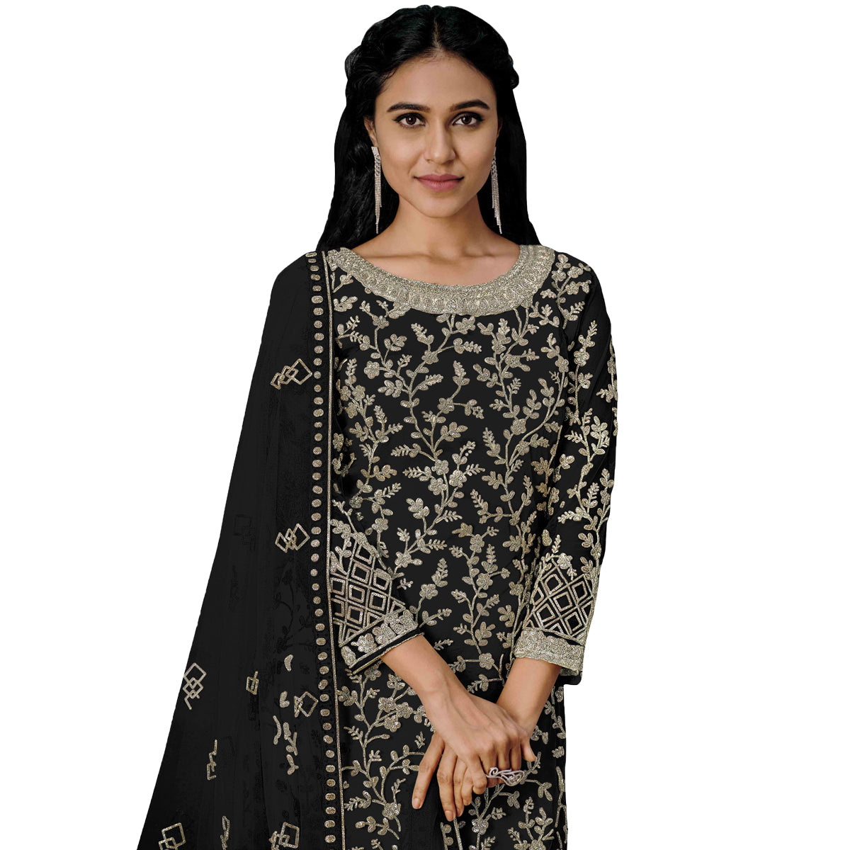 Shafnufab Butterfly Net Embroidery Pant Style Suit In Black Colour