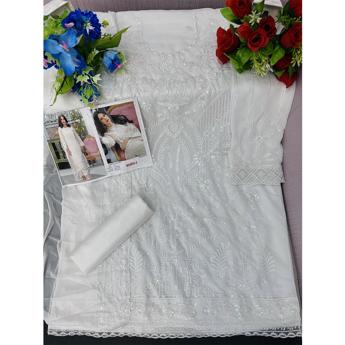 Shafnufab Women's Georgette Semi-Stitched Pakistani Suit In White Colour