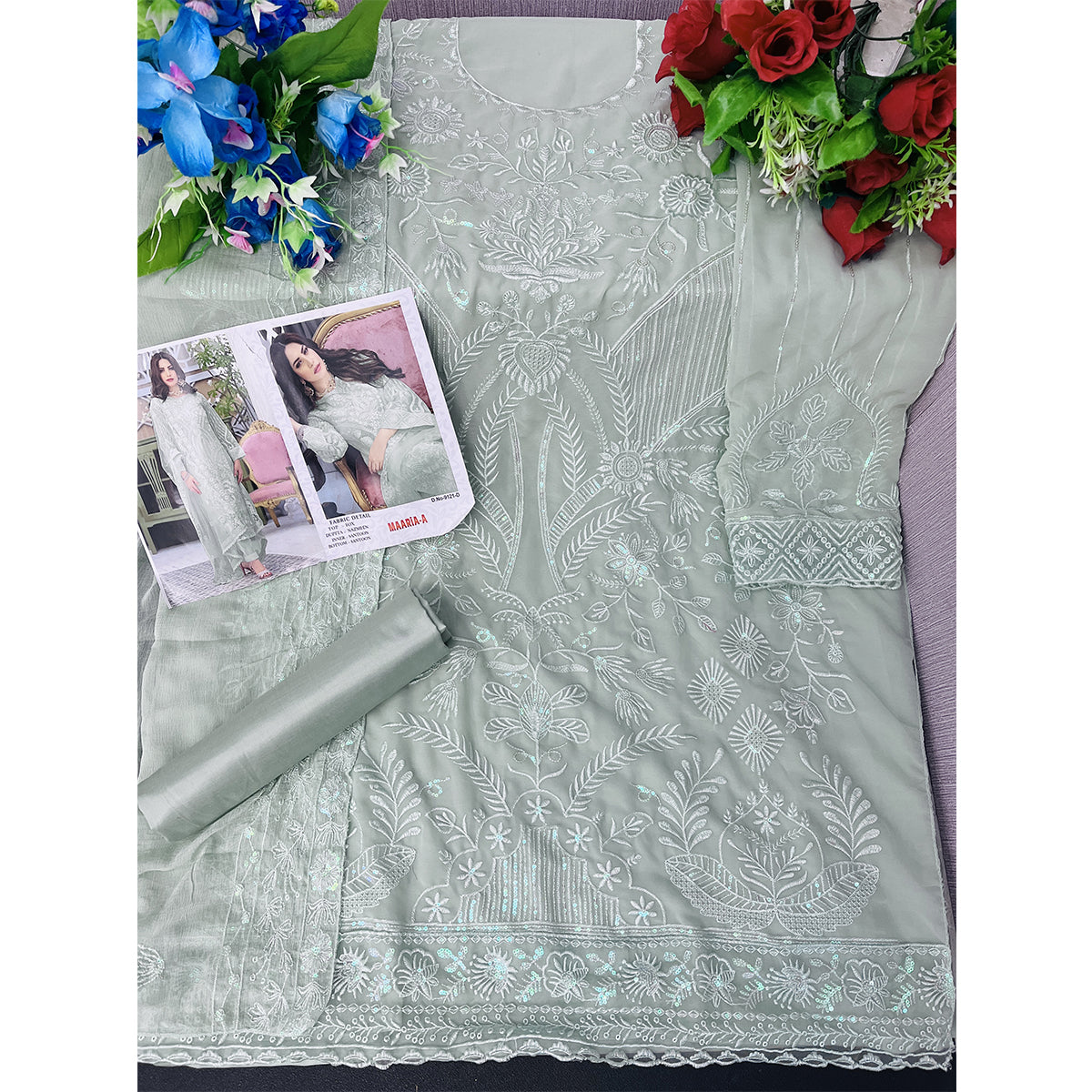 Shafnufab Women's Georgette Semi-Stitched Pakistani Suit In Green Colour