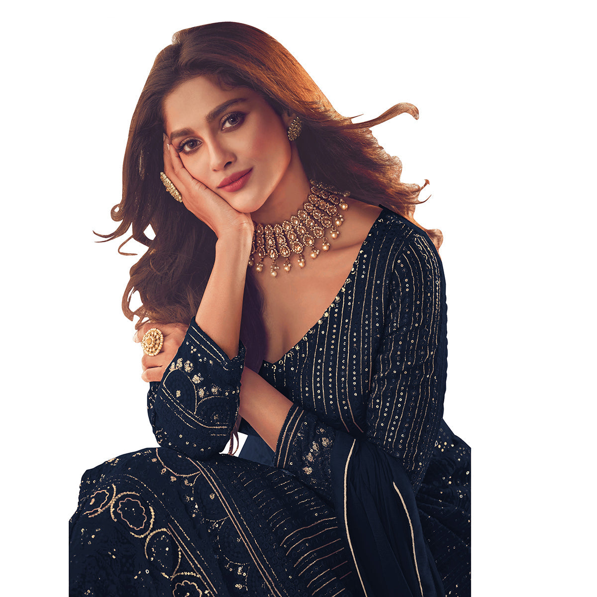Shafnufab Designer Party Wear Fox Georgette Suit - Navy Blue