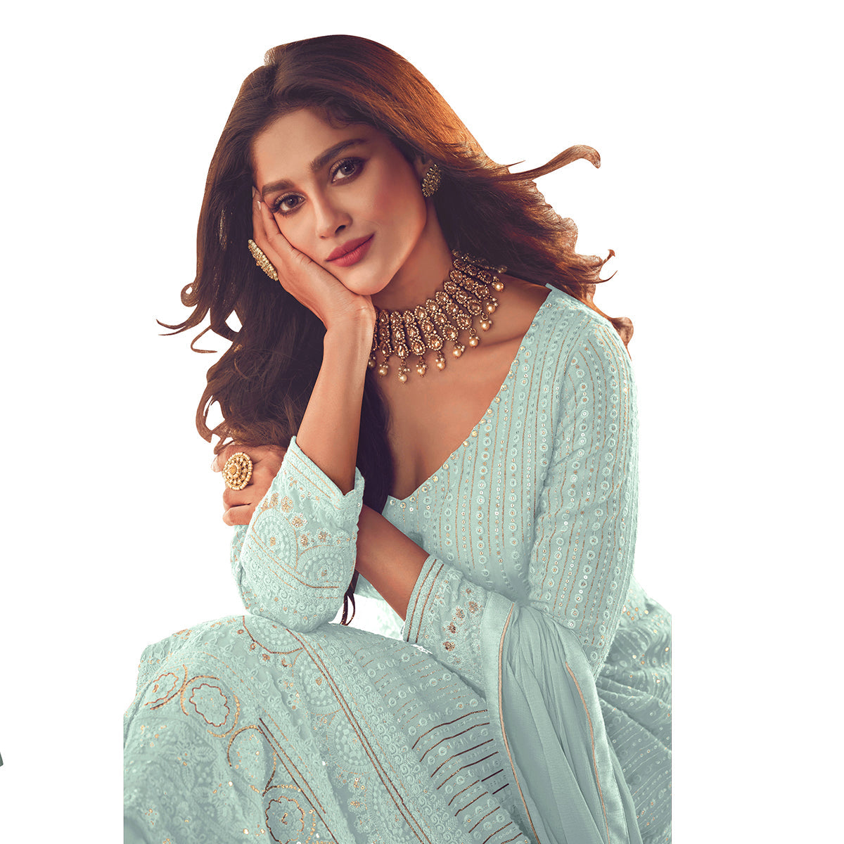 Shafnufab Designer Party Wear Fox Georgette Suit - Sky Blue