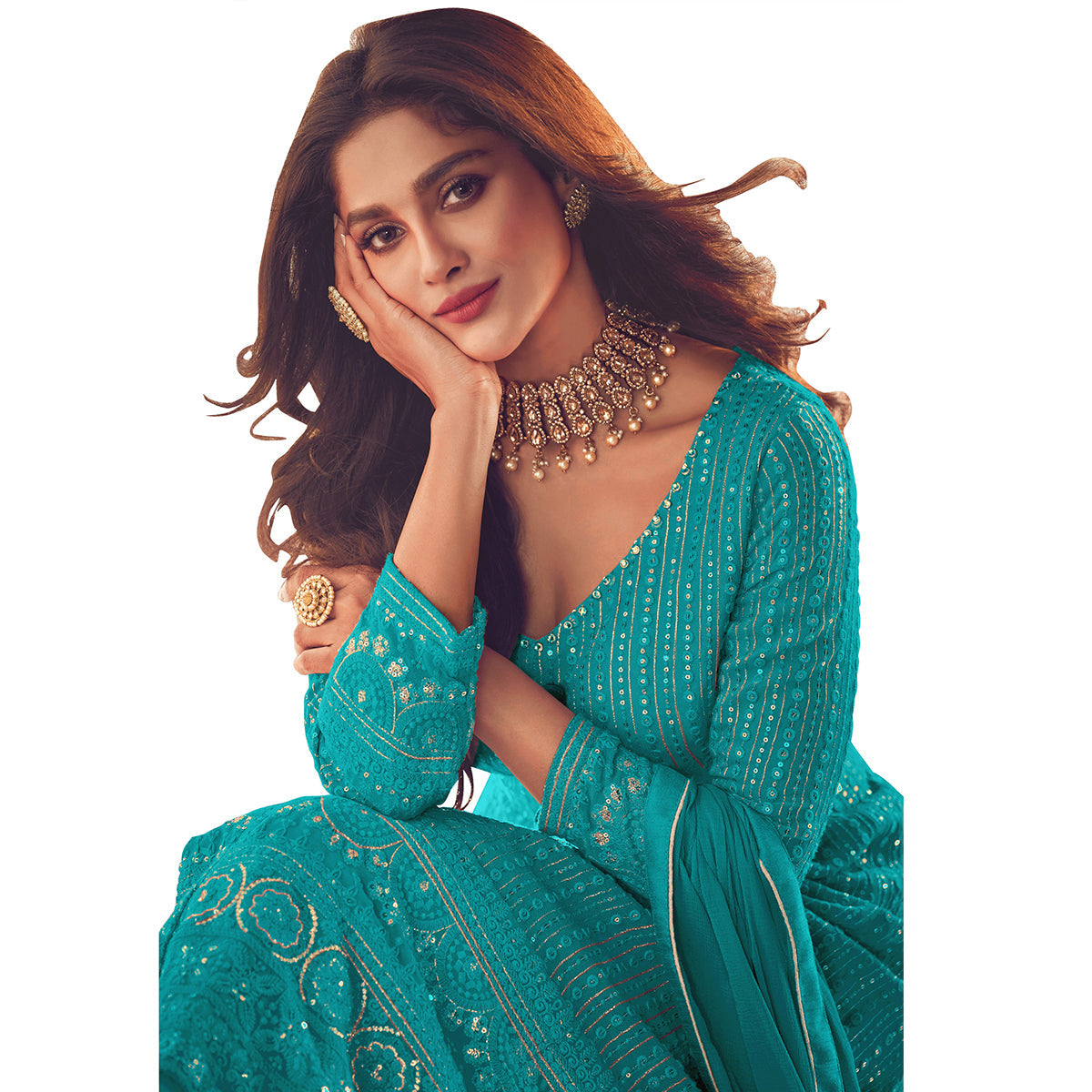 Shafnufab Designer Party Wear Fox Georgette Suit - Sea Green