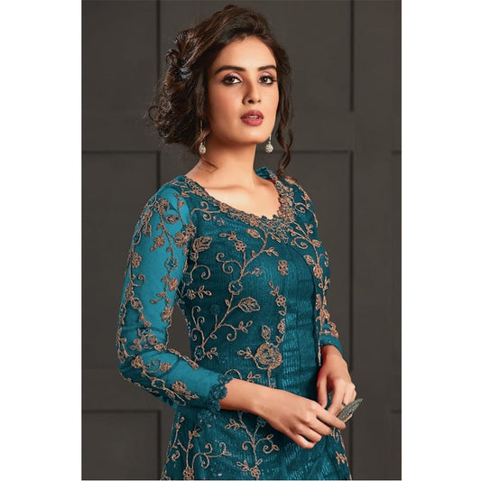 Shafnufab Turquoise heavy net with embroidered work salwar suit with koti