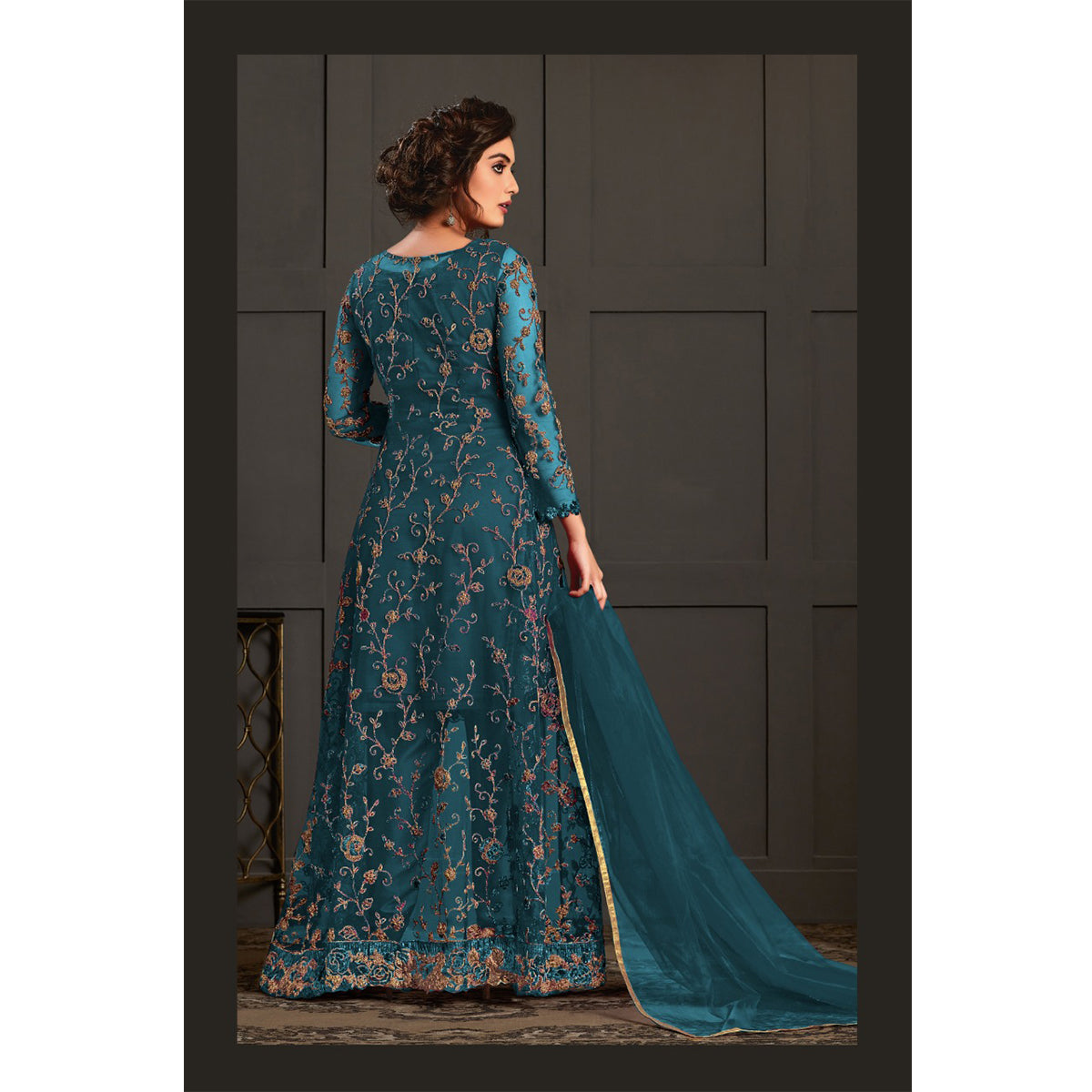 Shafnufab Turquoise heavy net with embroidered work salwar suit with koti