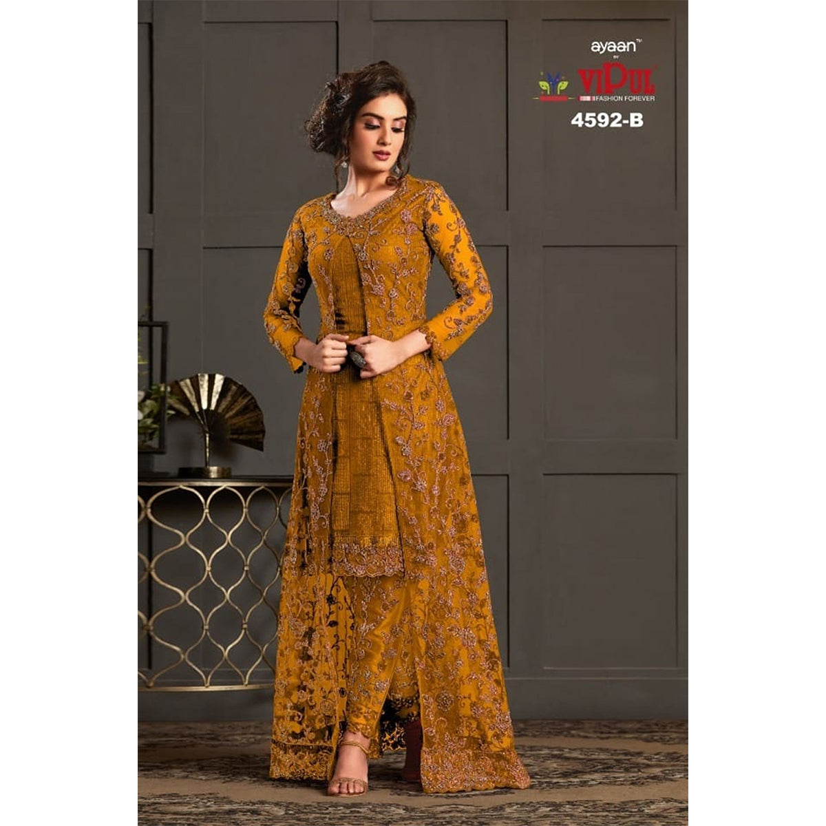 Shafnufab® Yellow Heavy Butterfly Net with Embroidery and Codding With Glitter Sequences