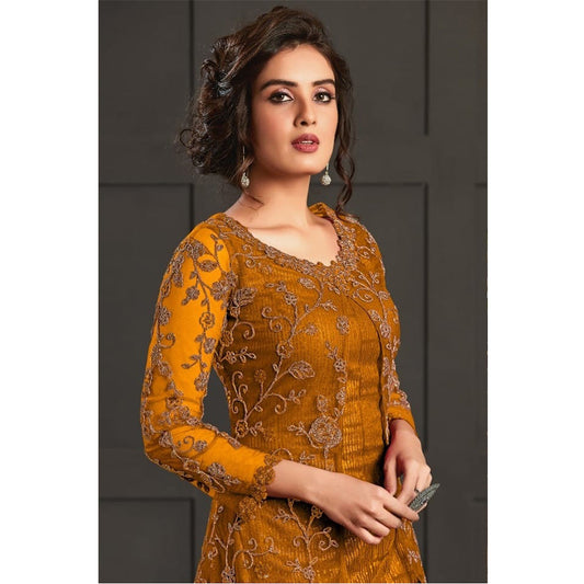 Shafnufab Yellow heavy net with embroidered work salwar suit with koti