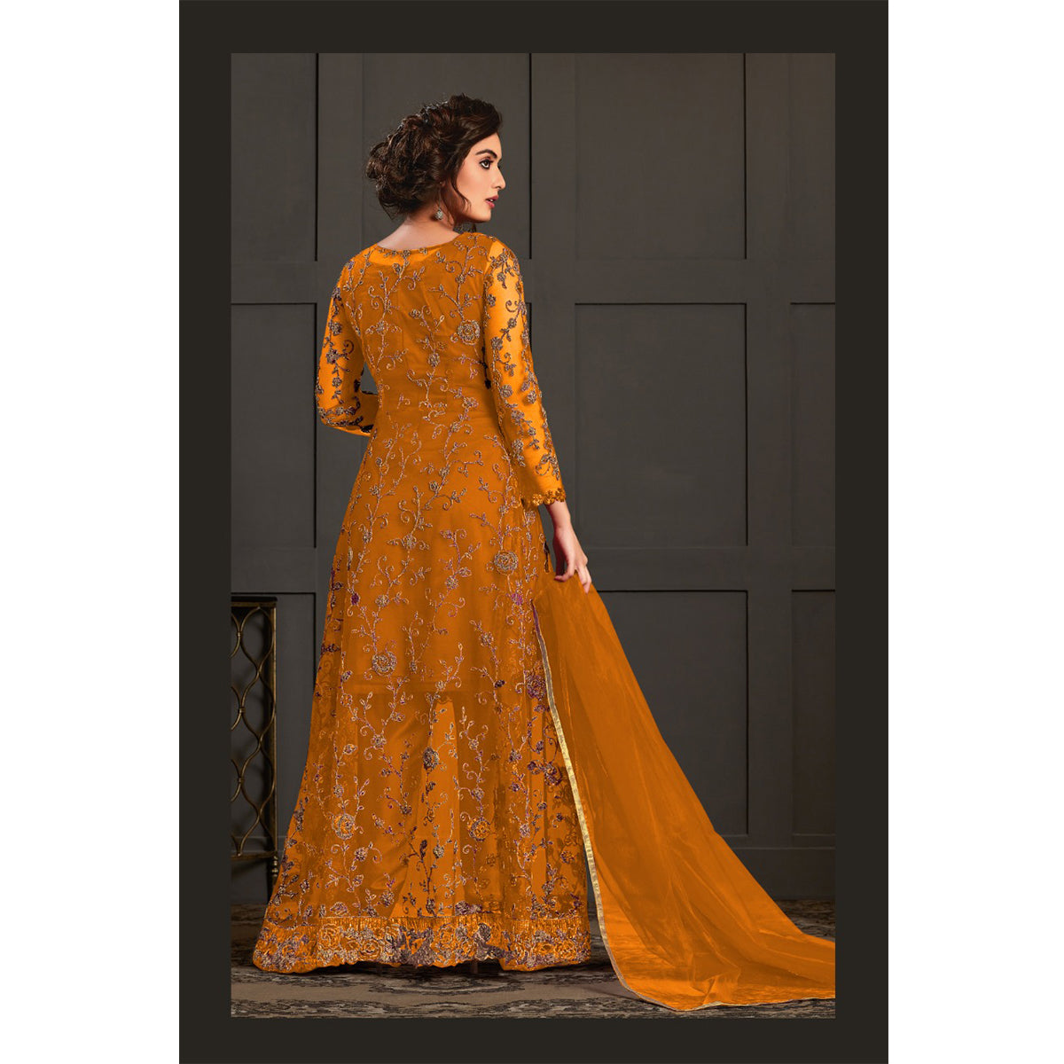Shafnufab® Yellow Heavy Butterfly Net with Embroidery and Codding With Glitter Sequences