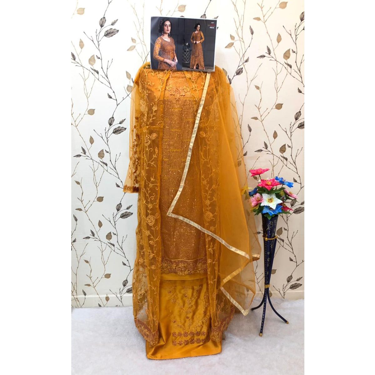 Shafnufab® Yellow Heavy Butterfly Net with Embroidery and Codding With Glitter Sequences