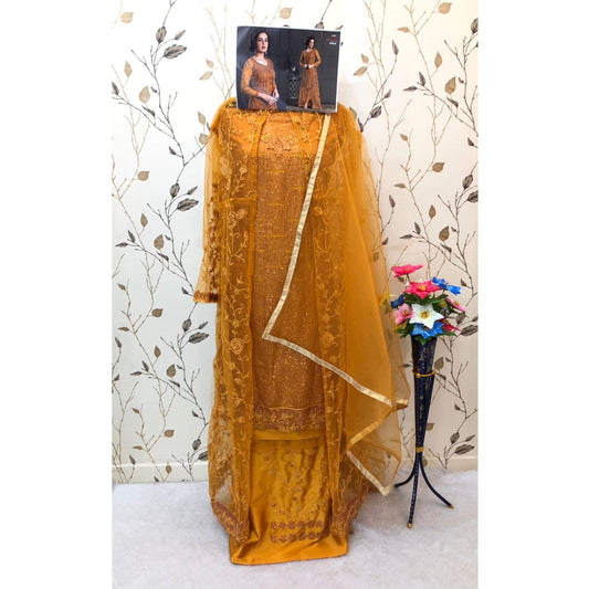 SHAFNUFAB Women's Net Ethnic Wear for WomenSemi StitchedSalwarSuit SF201115 Diwali Outfit Bridal Yellow Colour Indian CasualWearSalwarSuit IN Eid