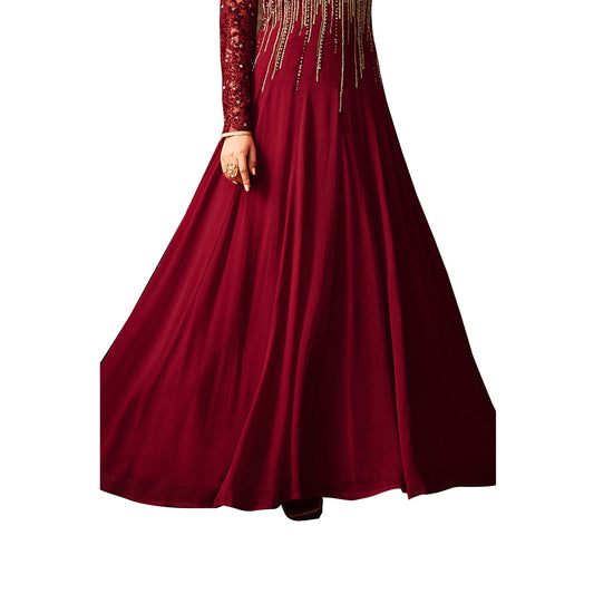 SHAFNUFAB Women's Georgette Ethnic Wear for WomenSemi StitchedSalwarSuit SF201116 Diwali Outfit Bridal Maroon Colour Indian CasualWearSalwarSuit IN Eid