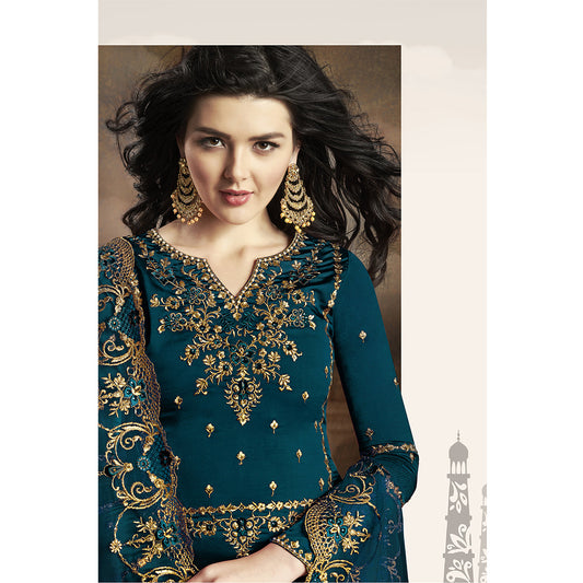SHAFNUFAB Women's Georgette Ethnic Wear for WomenSemi StitchedSalwarSuit SF201147 Diwali Outfit Bridal Turquoise Colour Indian CasualWearSalwarSuit IN Eid