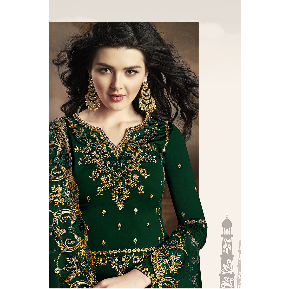 Shafnufab Women's Rangoli Silk Heavy Embroidery Work Plazzo Suit in Green