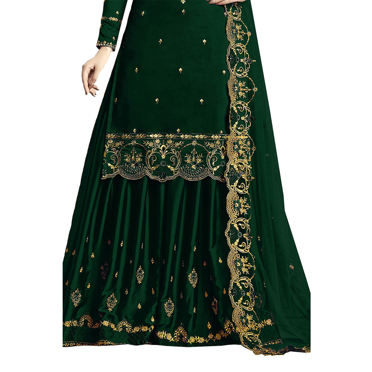 Shafnufab Women's Rangoli Silk Heavy Embroidery Work Plazzo Suit in Green