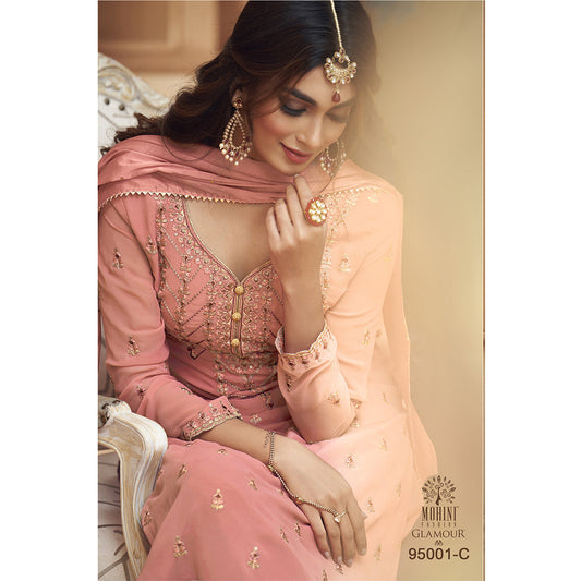 SHAFNUFAB Women's Georgette Ethnic Wear for WomenSemi StitchedSalwarSuit SF201152 Diwali Outfit Bridal Peach Colour Indian CasualWearSalwarSuit IN Eid