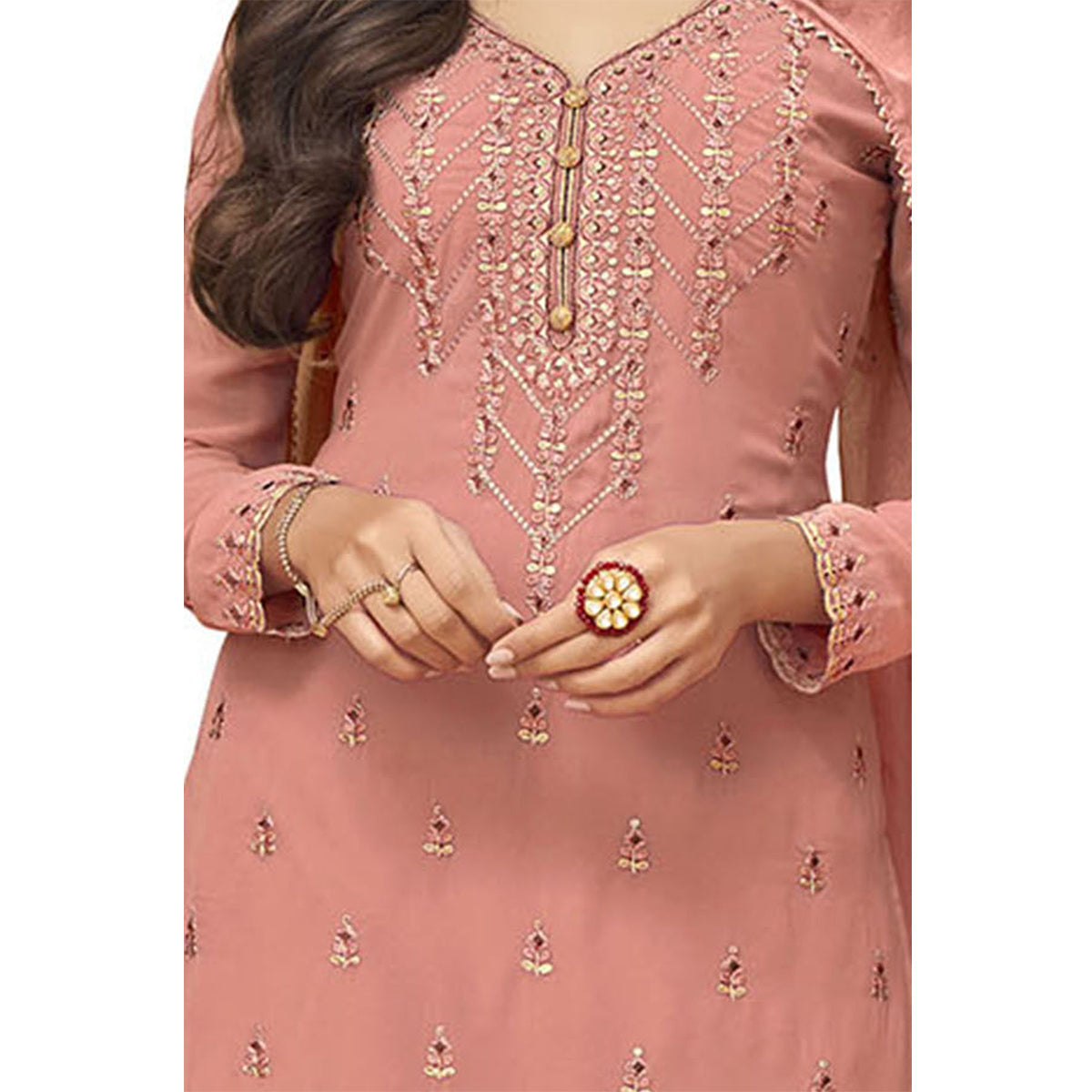 SHAFNUFAB Women's Georgette Ethnic Wear for WomenSemi StitchedSalwarSuit SF201152 Diwali Outfit Bridal Peach Colour Indian CasualWearSalwarSuit IN Eid