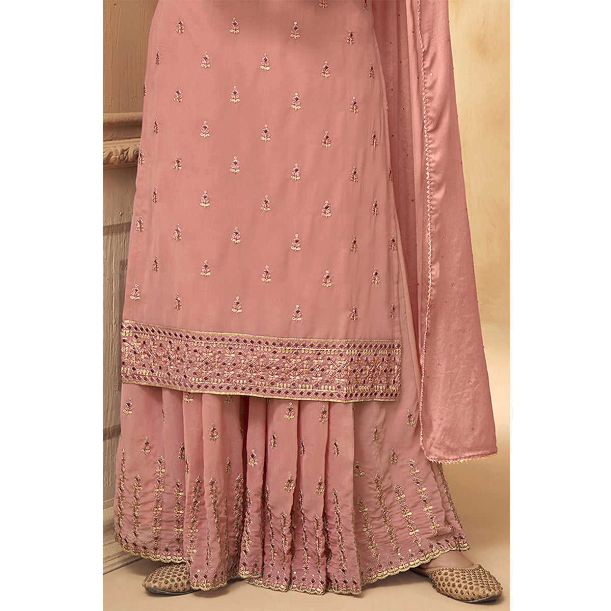 SHAFNUFAB Women's Georgette Ethnic Wear for WomenSemi StitchedSalwarSuit SF201152 Diwali Outfit Bridal Peach Colour Indian CasualWearSalwarSuit IN Eid