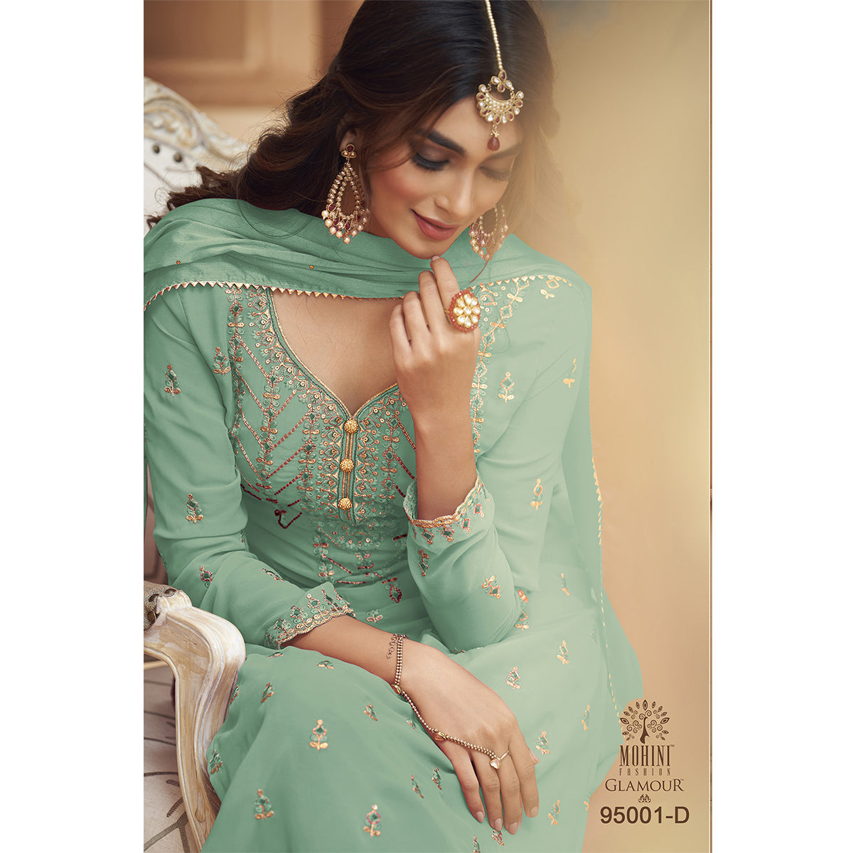 Shafnufab Sky Blue Faux Georgette Embroidered Plazzo Suit