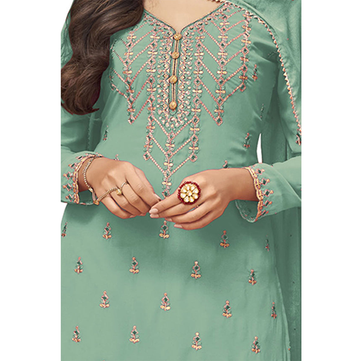 Shafnufab Sky Blue Faux Georgette Embroidered Plazzo Suit