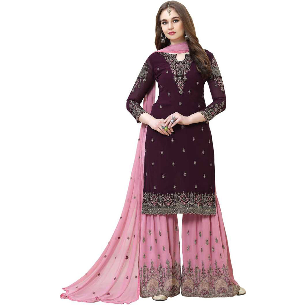 Shafnufab Purpal EMBROIDERED GEORGETTE SEMI STITCHED Palazzo Suit