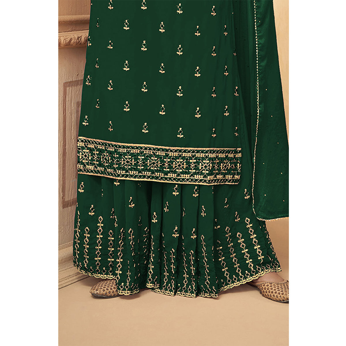 Shafnufab Green Georgette Pakistani Salwar Suit With Embroidered Work