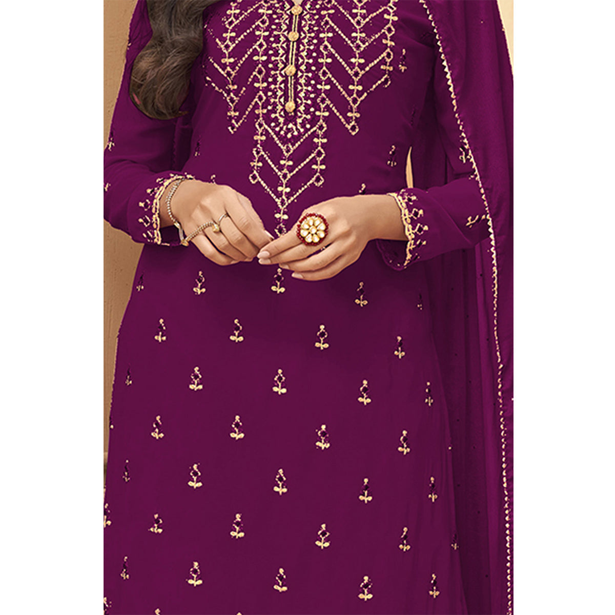Shafnufab Purpal Faux Georgette Embroidered Plazzo Suit