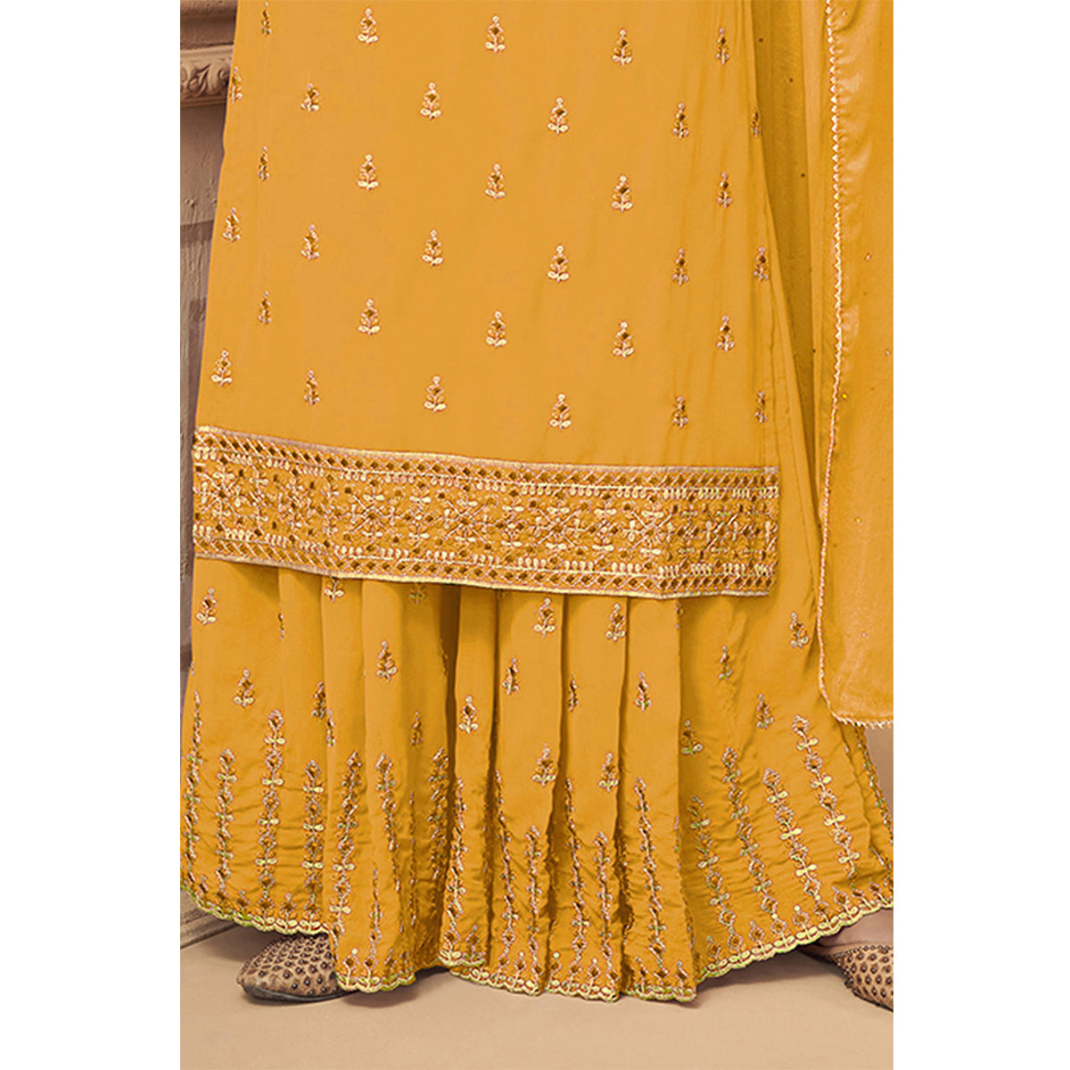 Shafnufab Yellow Georgette Pakistani Salwar Suit With Embroidered Work