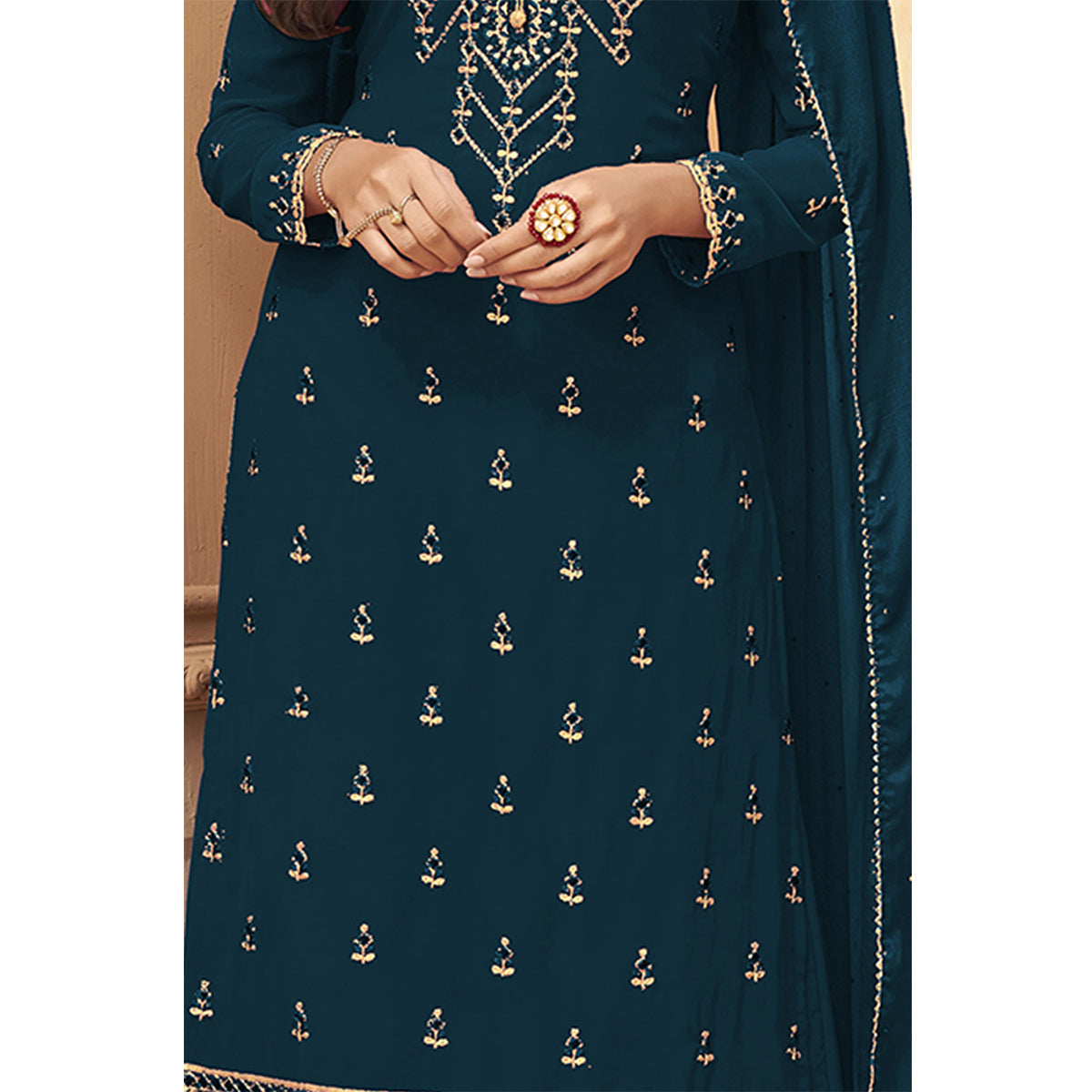 Shafnufab Turquoise Georgette Pakistani Salwar Suit With Embroidered Work