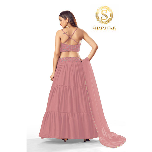 Shafnufab Women's Georgette Peach Colour Partywear Lehenga Choli