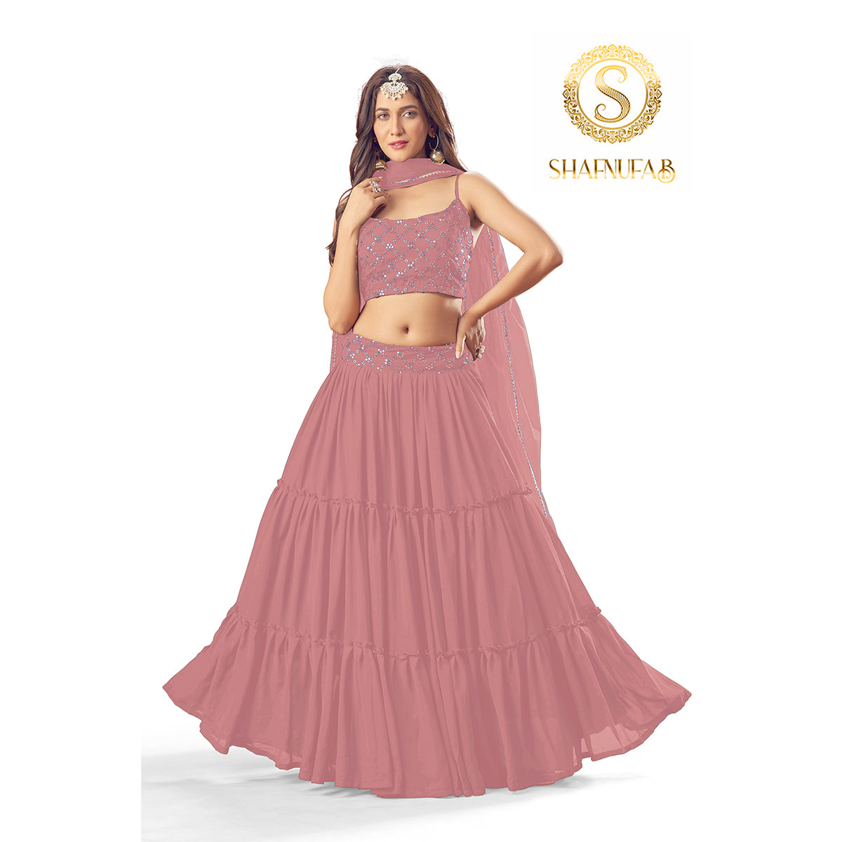 Shafnufab Women's Georgette Peach Colour Partywear Lehenga Choli